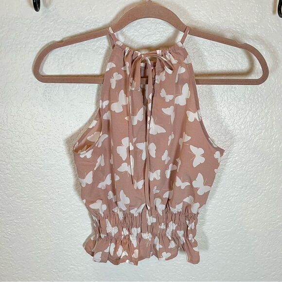 Paper Crane Butterfly Smocked Waist Peplum Halter Top in Pink NWT! size XS - Picture 3 of 7